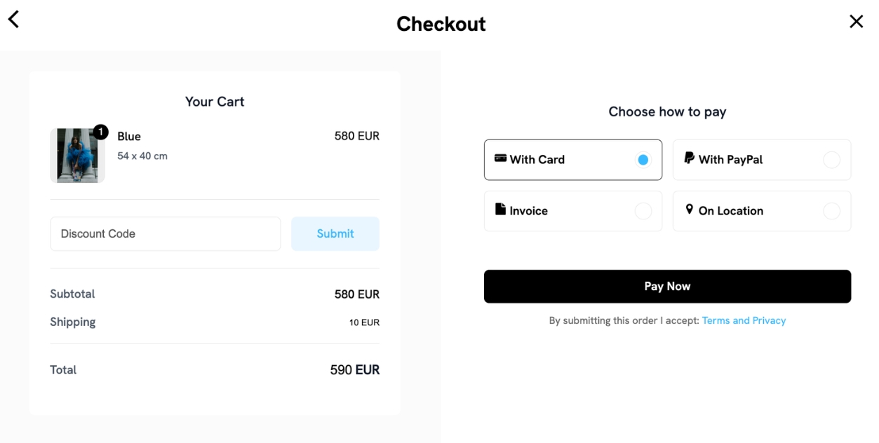 Screenshot of the Portfoliobox shop cart showing payment method options: card, PayPal, invoice, and on-site payment toggles