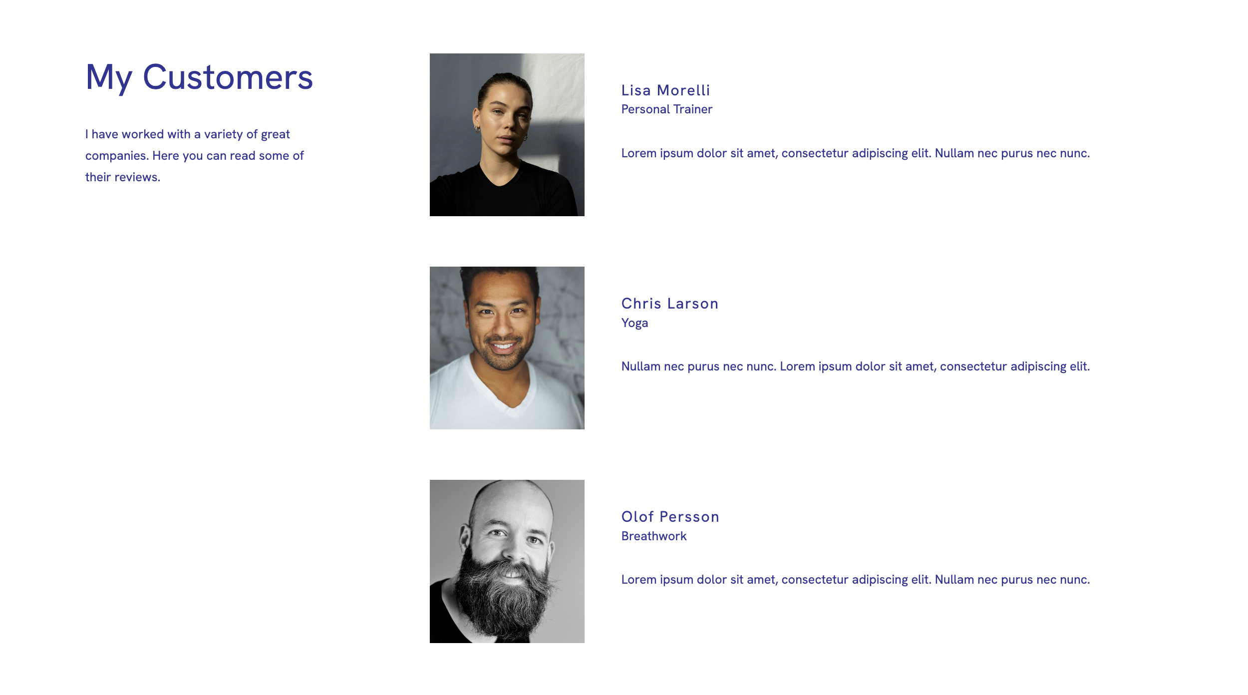 Half Screen Side-to-Side Testimonial Template in Portfoliobox