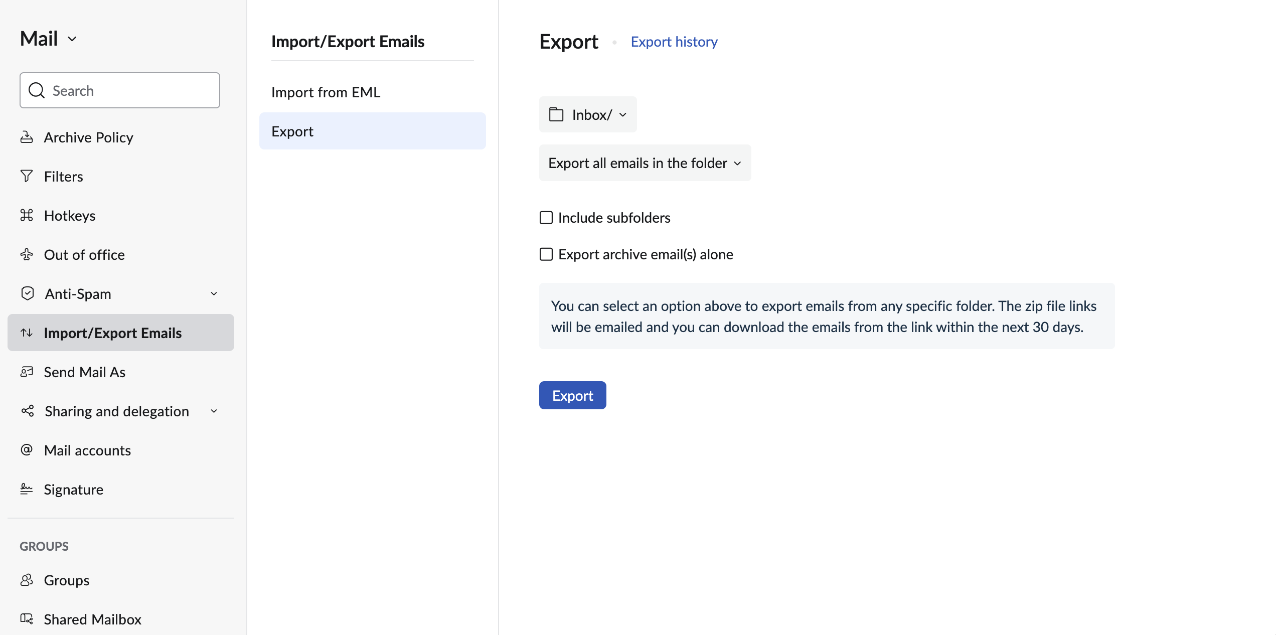 Export email from Zoho