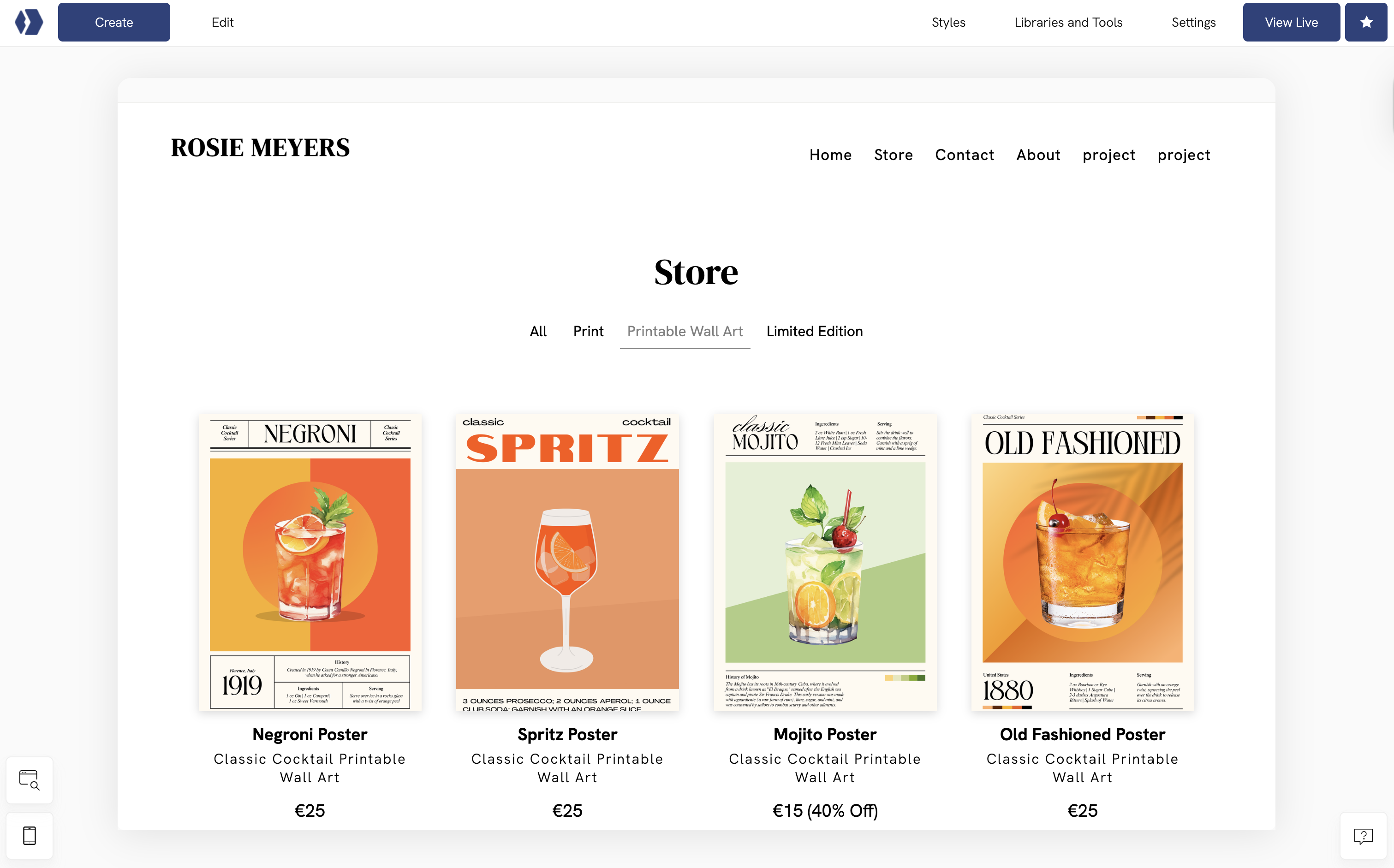 Screenshot of a Portfoliobox shop page showing product categories,  prints, digital downloads, and limited editions displayed in a clean grid layout
