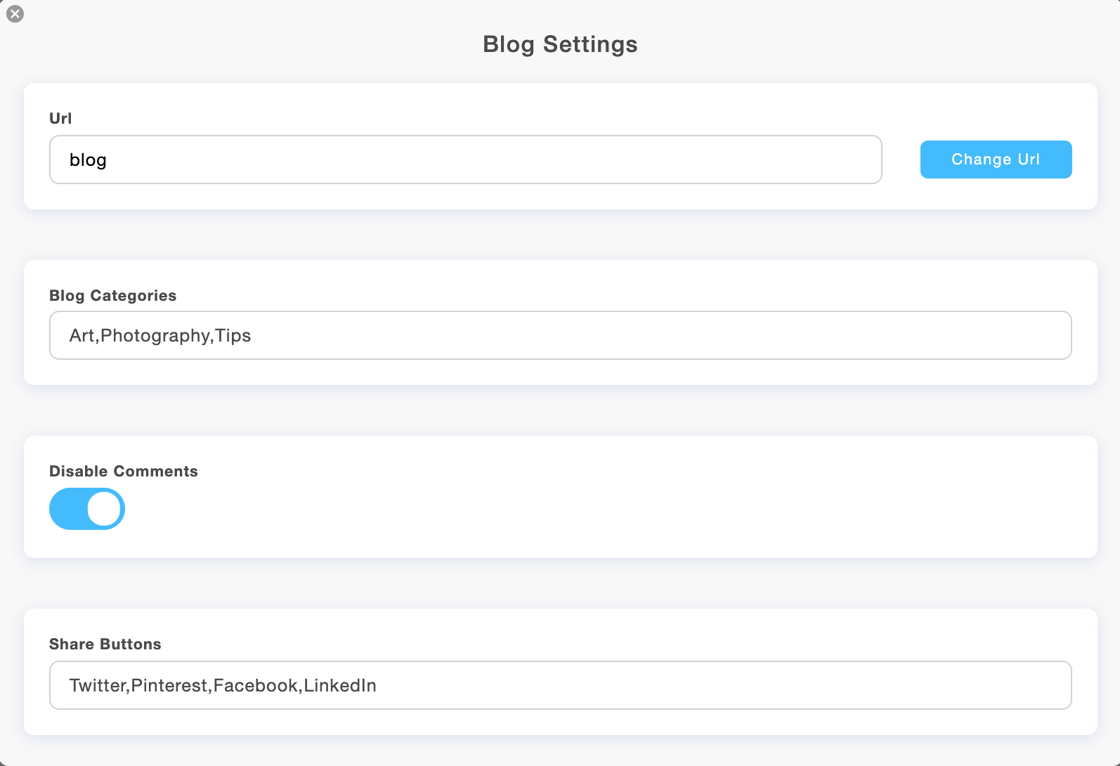 Blog settings in Portfoliobox