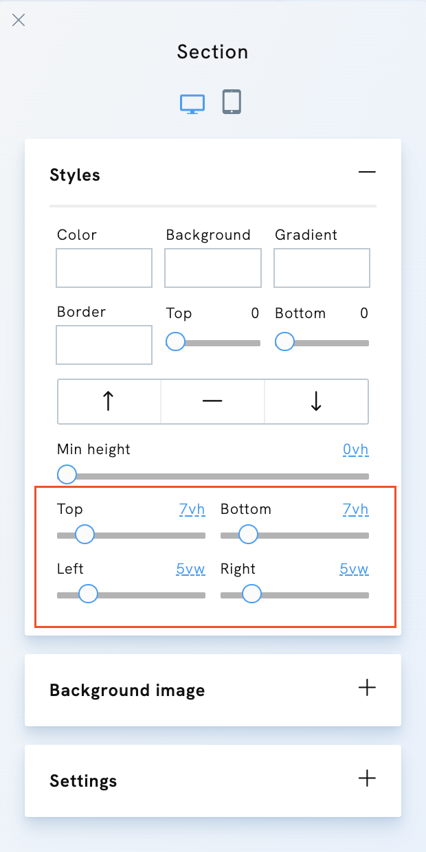 Edit Section margins in Portfoliobox
