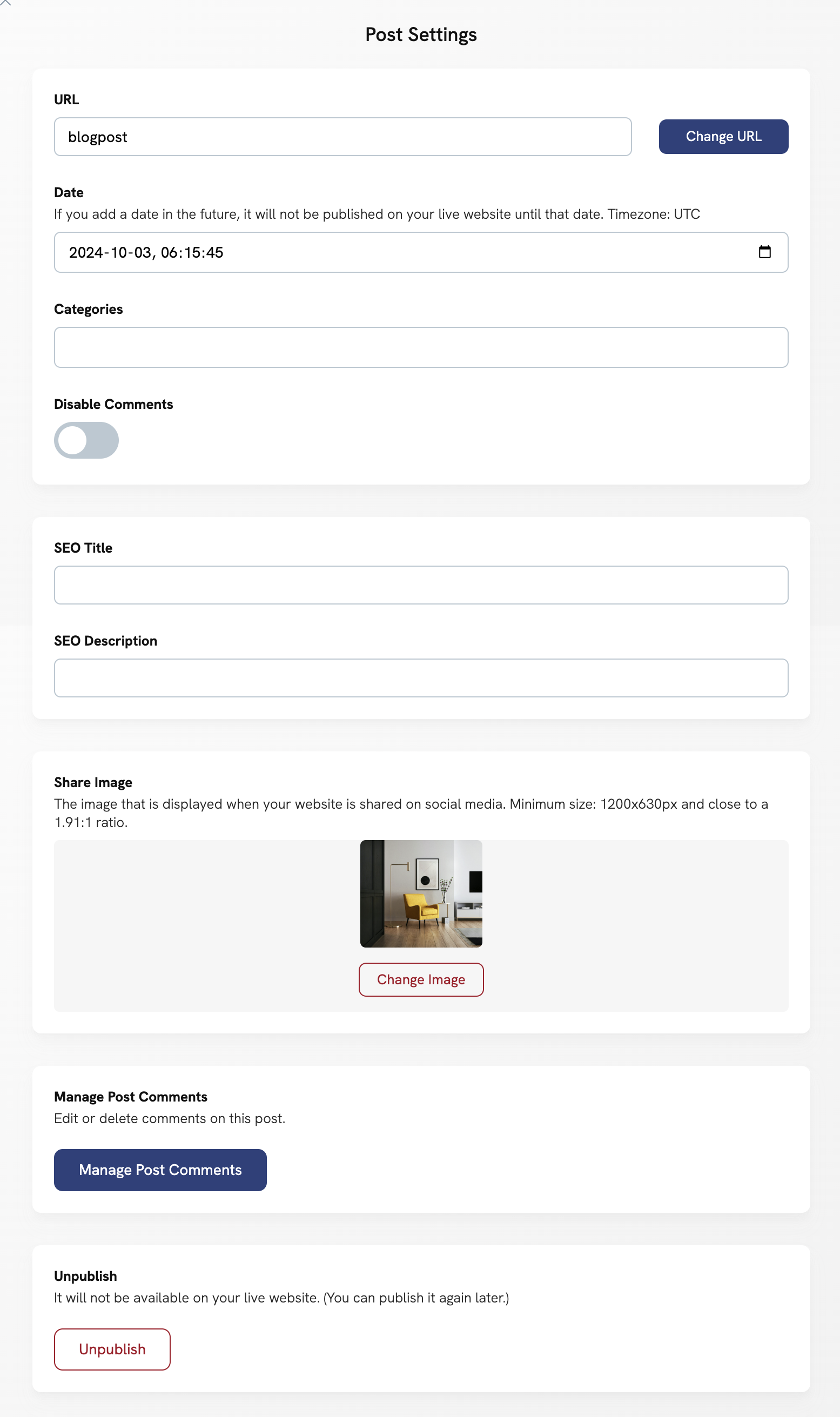 Blog Post settings in your Portfoliobox portfolio