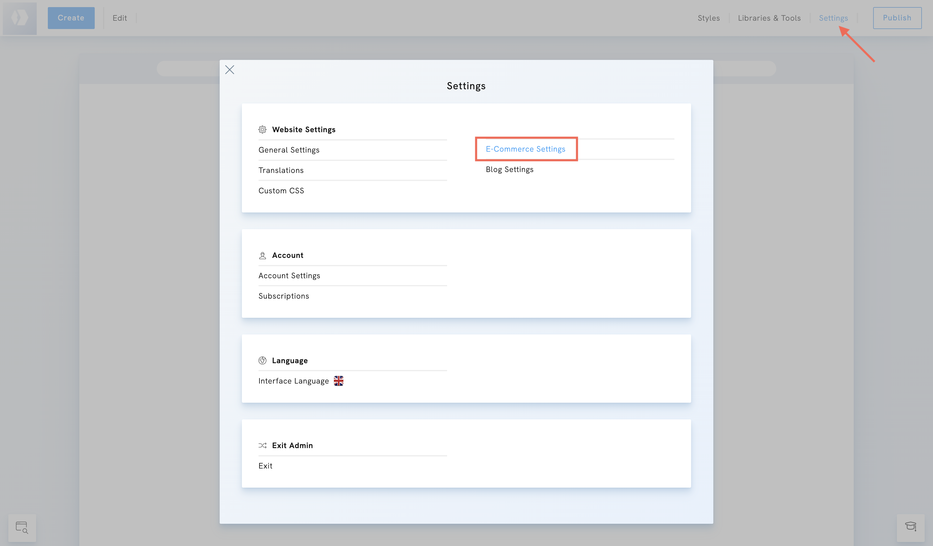 E-commerce settings in Portfoliobox