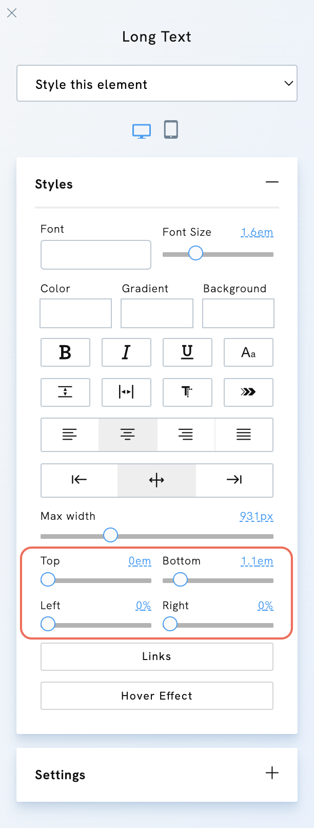 Edit margin of an element on Portfoliobox
