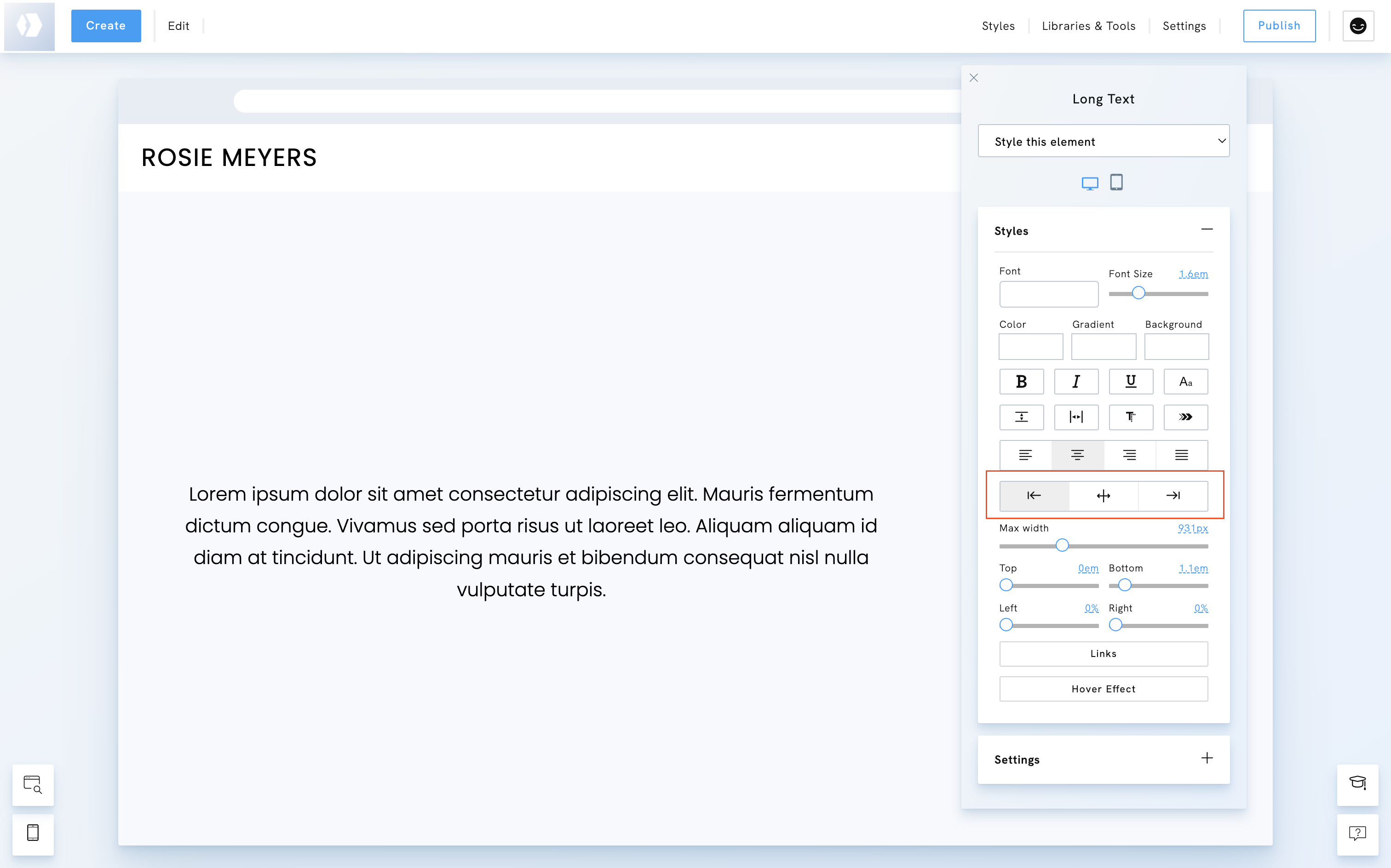 Position of elements in Portfoliobox